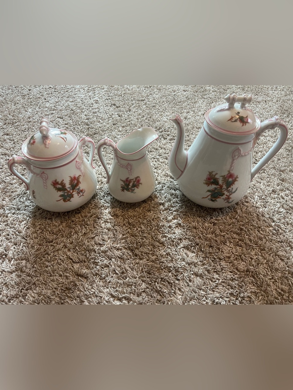 Porcelain Coffee Pot Set with Pink Trim and Floral Motif Havland
